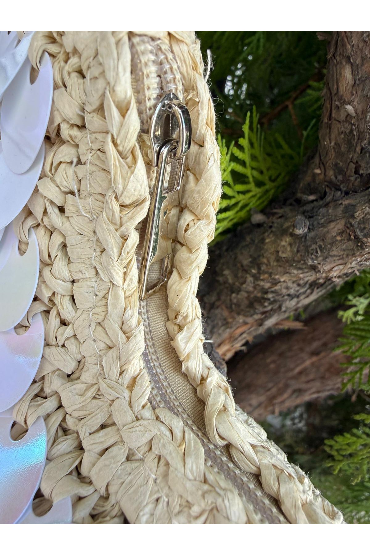 NWC-1056 Bej Pul Payetli Hasır El Çantası 43x30 cm