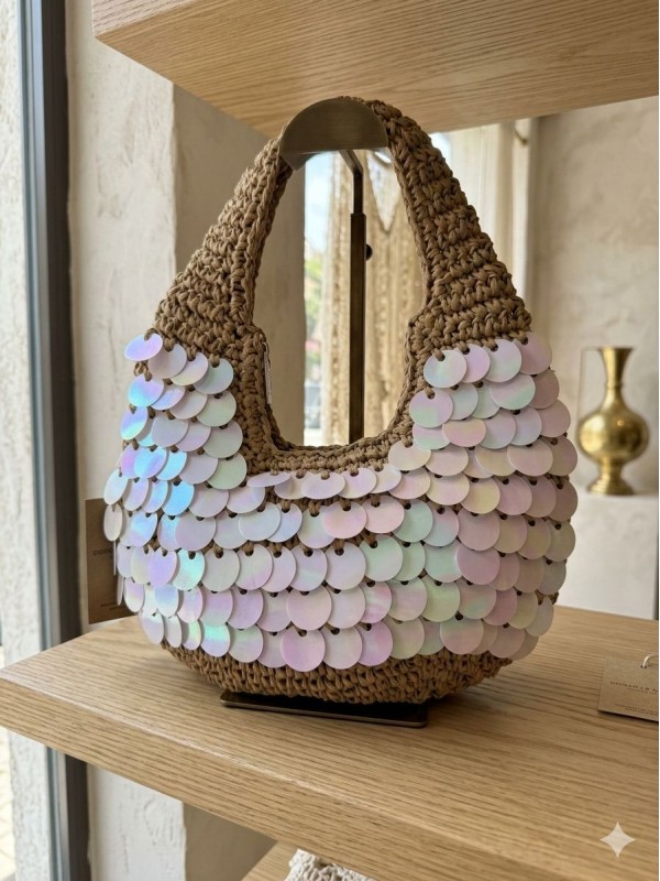 NWC-1056 Camel Pul Payetli Hasır El Çantası 43x30 cm