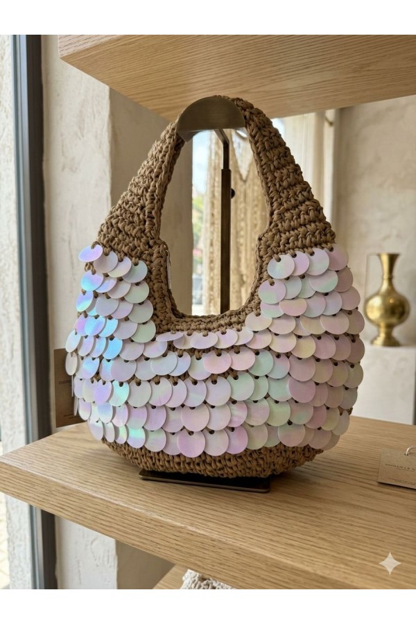 NWC-1056 Camel Pul Payetli Hasır El Çantası 43x30 cm