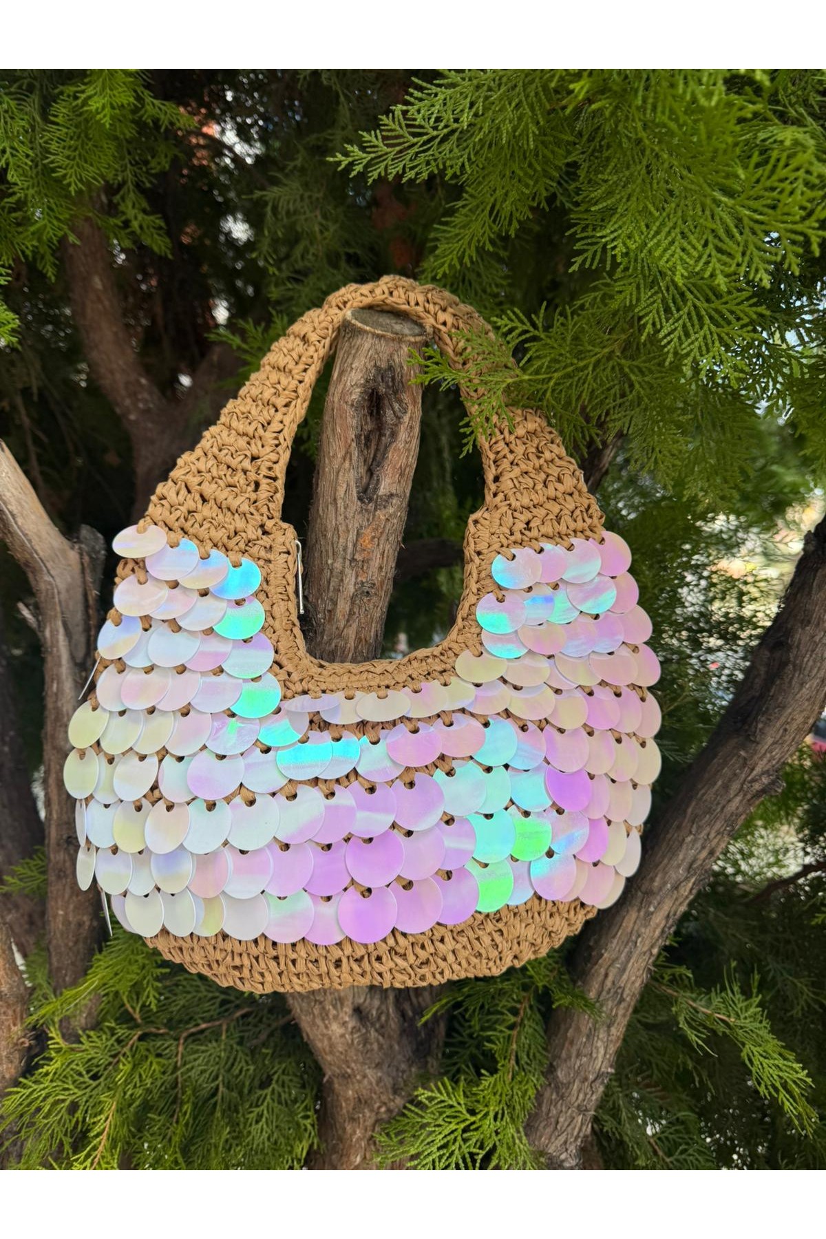 NWC-1056 Camel Pul Payetli Hasır El Çantası 43x30 cm