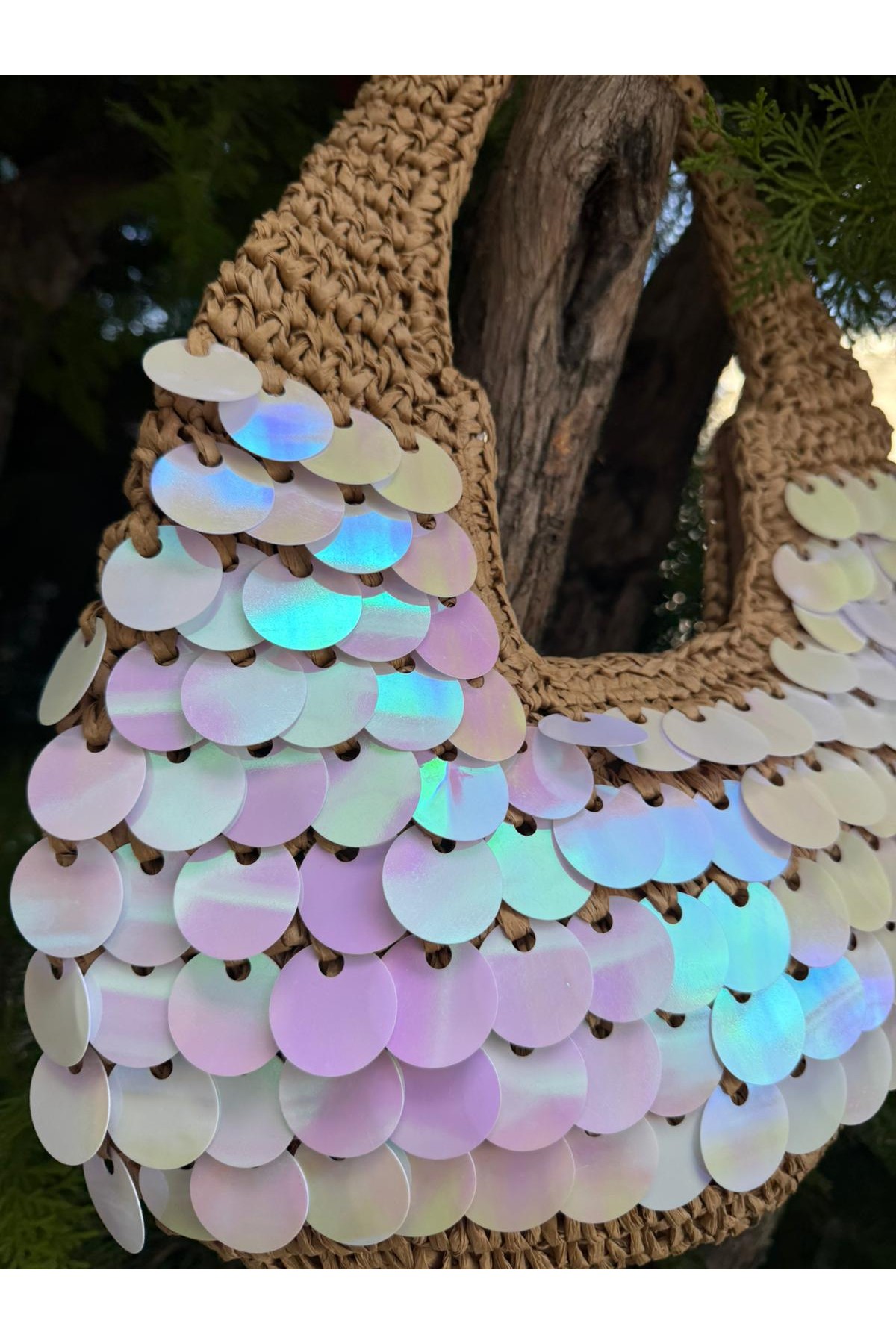 NWC-1056 Camel Pul Payetli Hasır El Çantası 43x30 cm