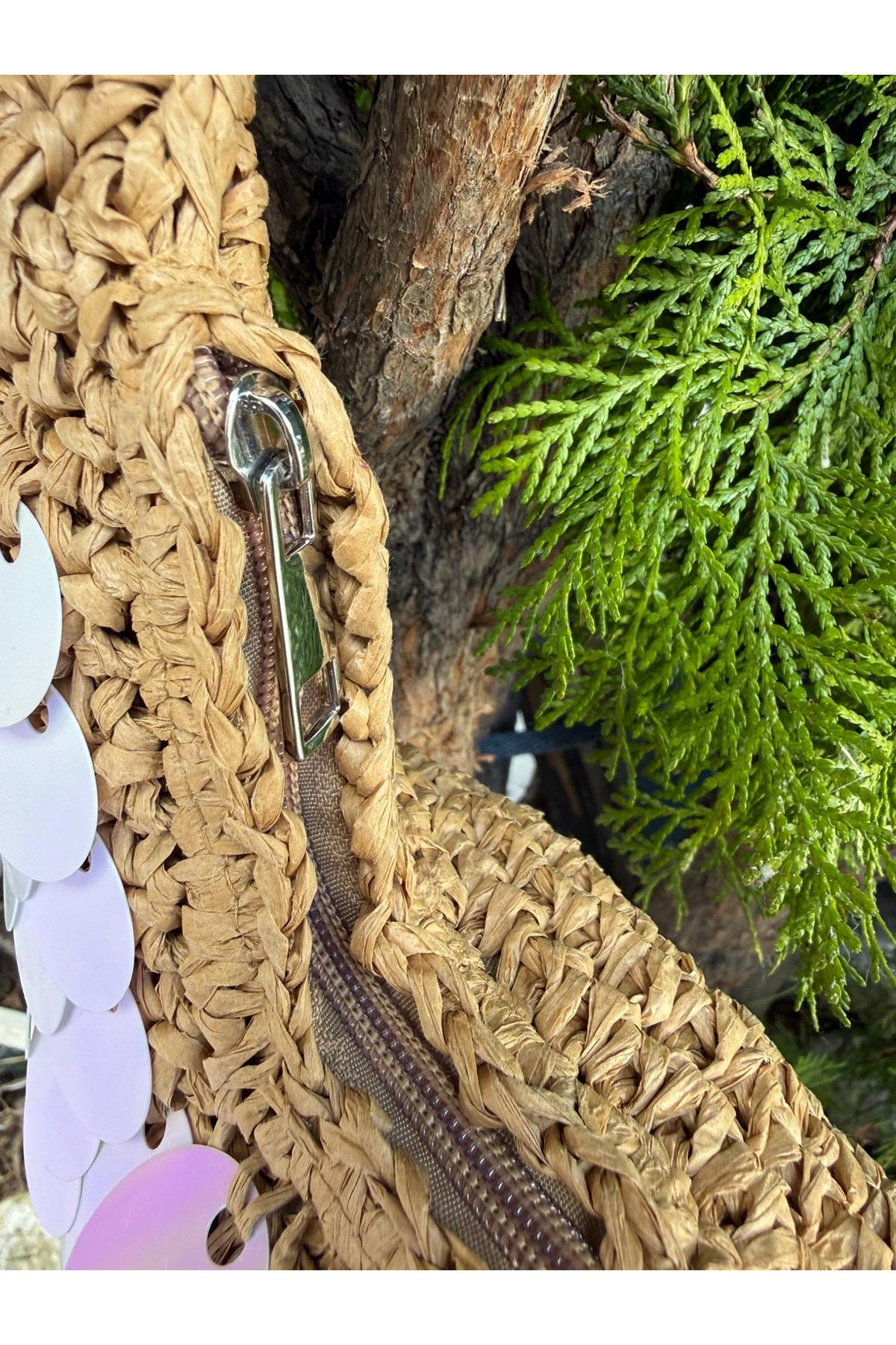 NWC-1056 Camel Pul Payetli Hasır El Çantası 43x30 cm