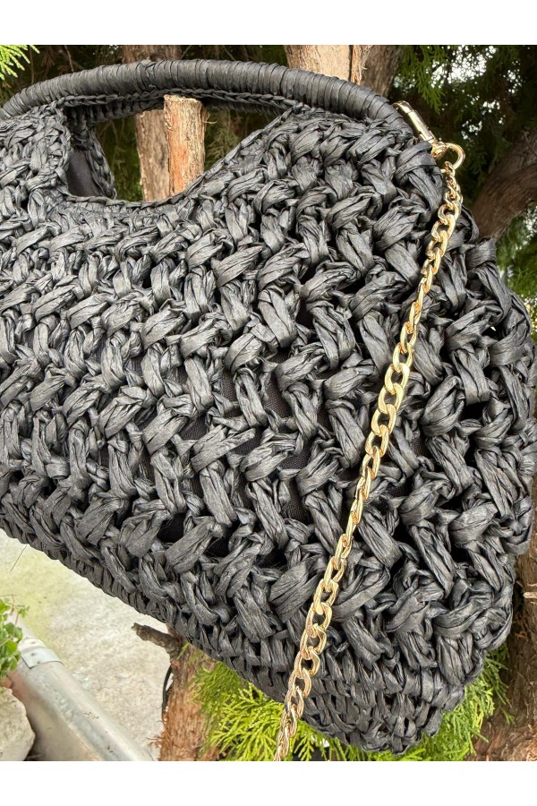NWC-1059 Siyah İpli Hasır Çanta 34x26 cm