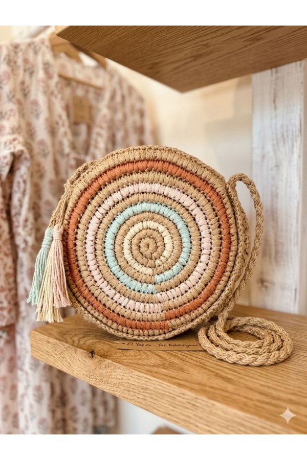 NWC-1063 Camel Mini Cepli El Örgüsü Hasır Çanta 28x29 cm