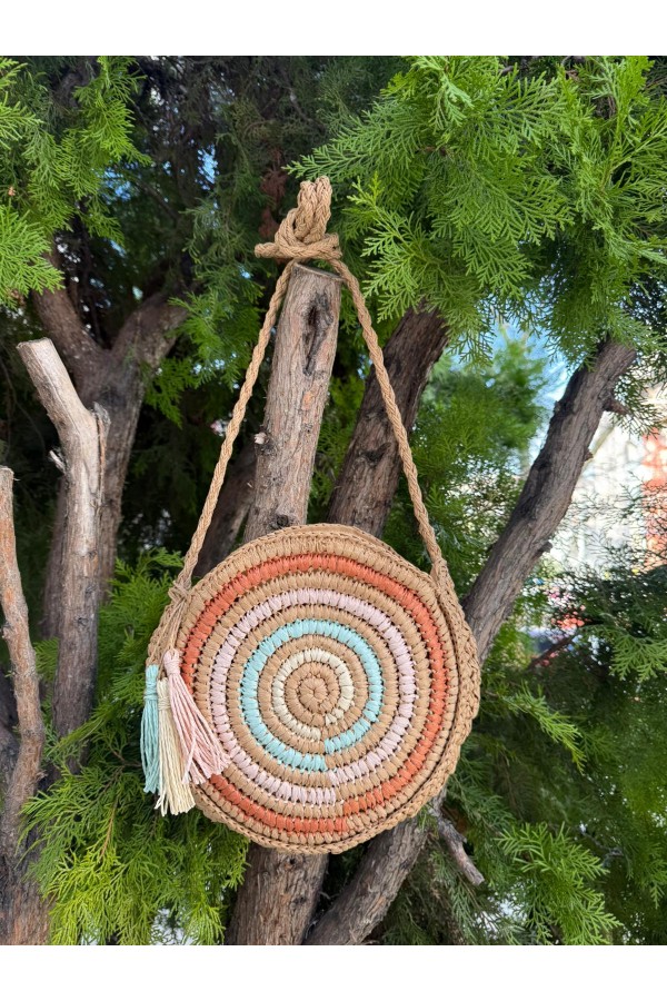 NWC-1063 Camel Mini Cepli El Örgüsü Hasır Çanta 28x29 cm