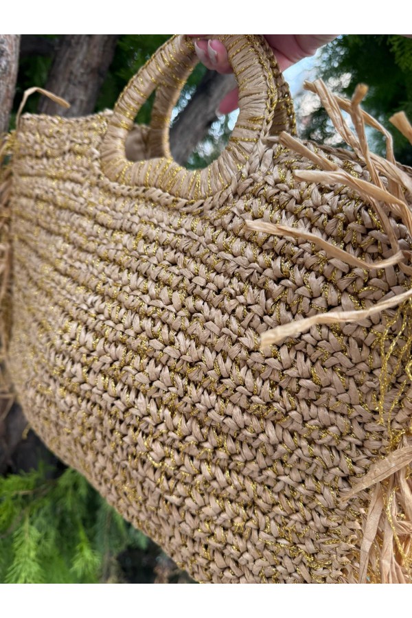 NWC-1069 Camel Saçaklı El Örgüsü Hasır Çanta 41x41x66 cm