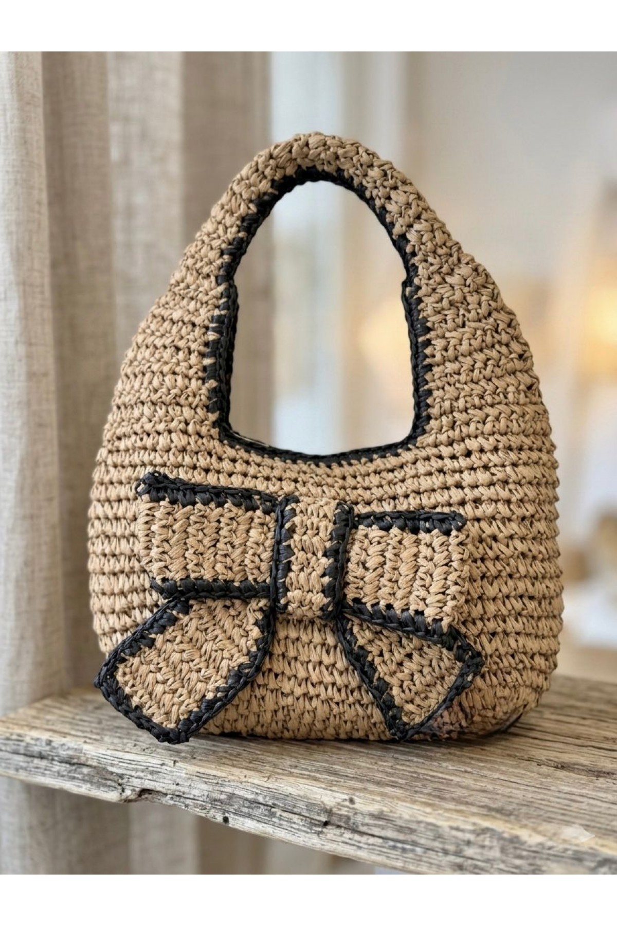 NWC-1086 Camel Fiyonk Detaylı El Örgüsü Hasır Çanta