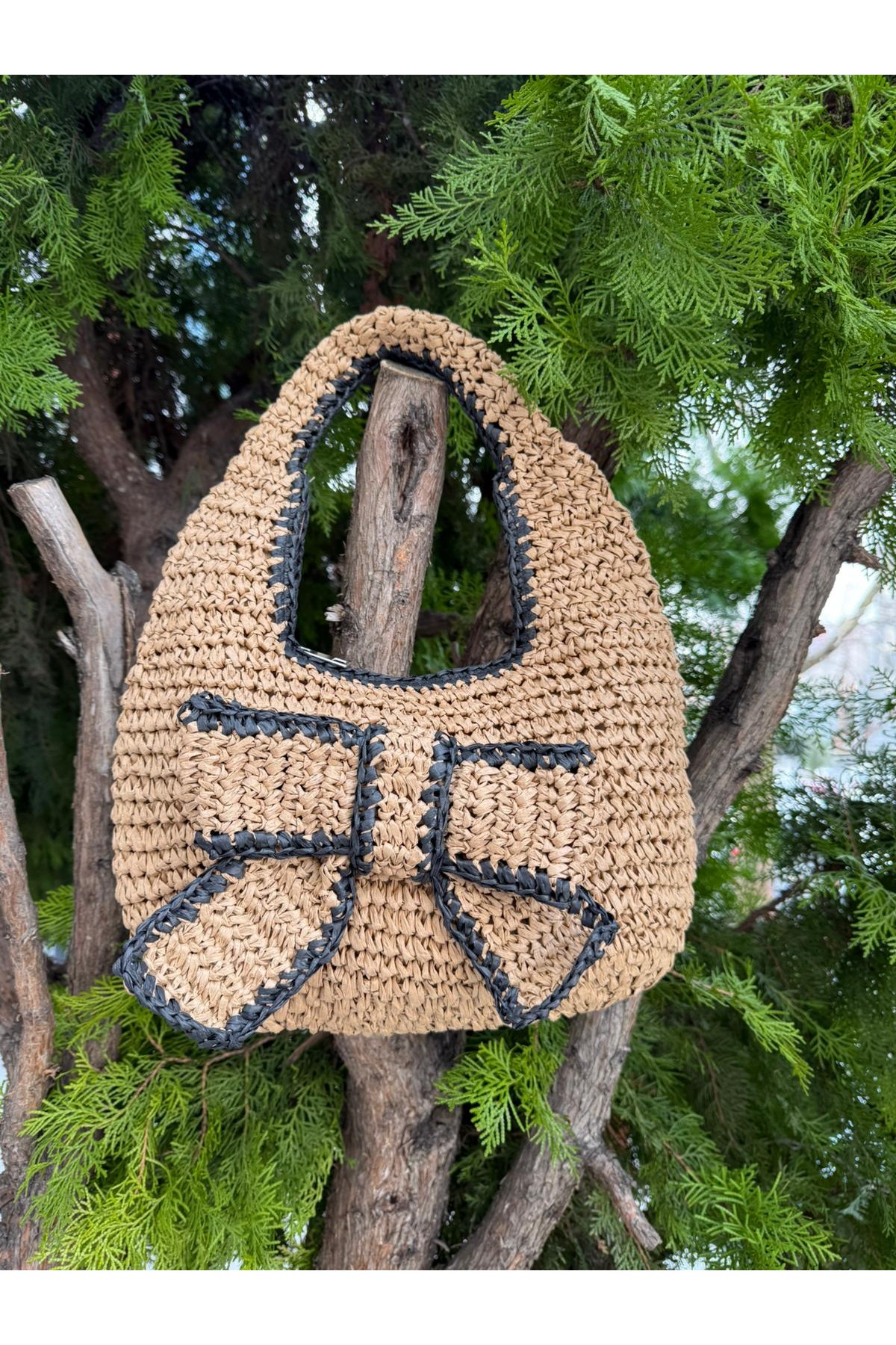 NWC-1086 Camel Fiyonk Detaylı El Örgüsü Hasır Çanta