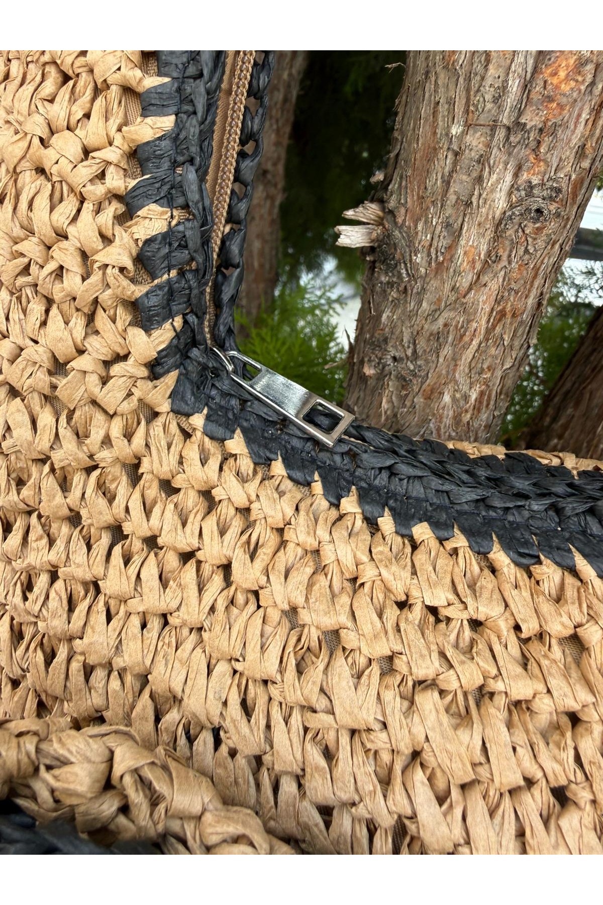 NWC-1086 Camel Fiyonk Detaylı El Örgüsü Hasır Çanta