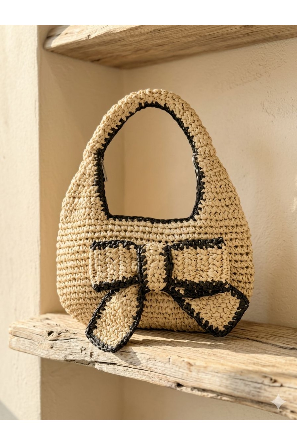 NWC-1086 Bej Fiyonk Detaylı El Örgüsü Hasır Çanta