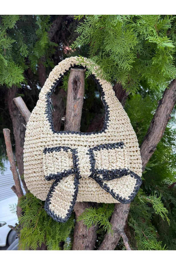 NWC-1086 Bej Fiyonk Detaylı El Örgüsü Hasır Çanta