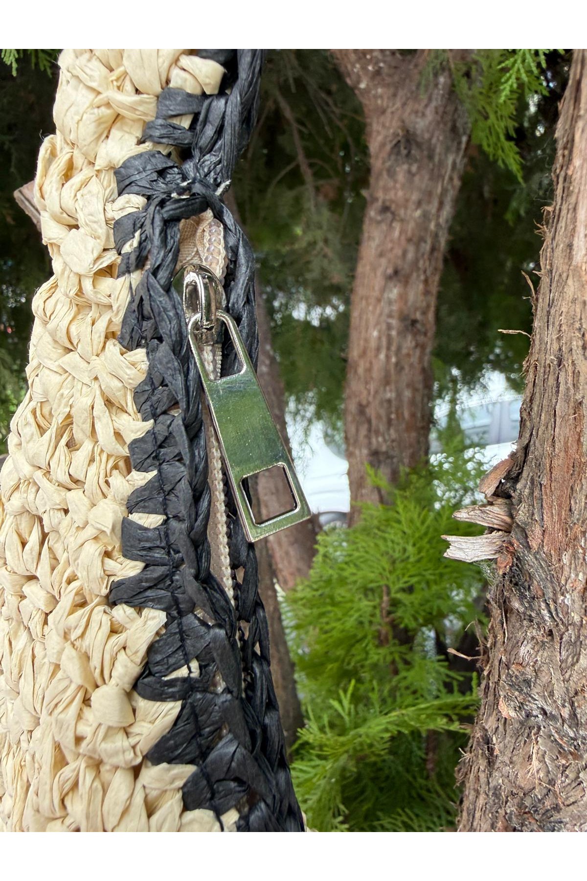 NWC-1086 Bej Fiyonk Detaylı El Örgüsü Hasır Çanta