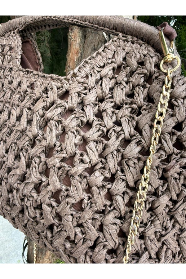 NWC-1059 Kahverengi İpli Hasır Çanta 34x26 cm