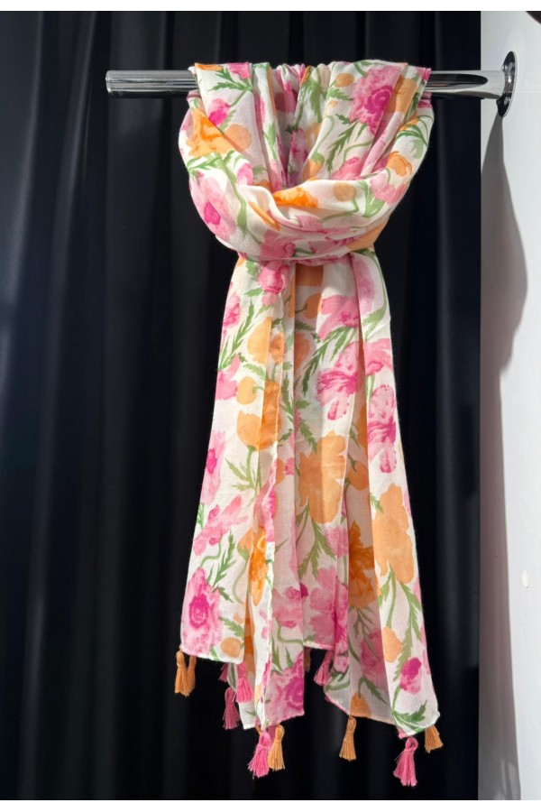 15383 Pudra Çiçek Desenli Şal 90x180 cm