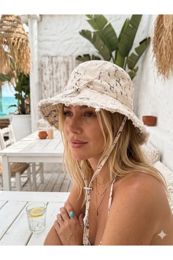 19046 Krem Yıpratmalı İpli Bucket Şapka