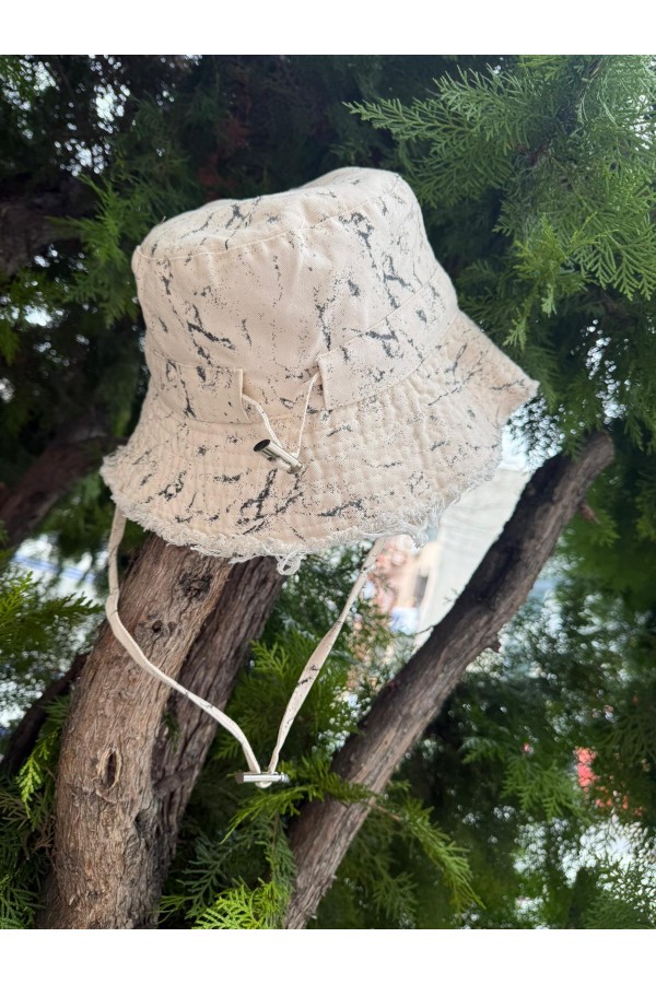 19046 Krem Yıpratmalı İpli Bucket Şapka