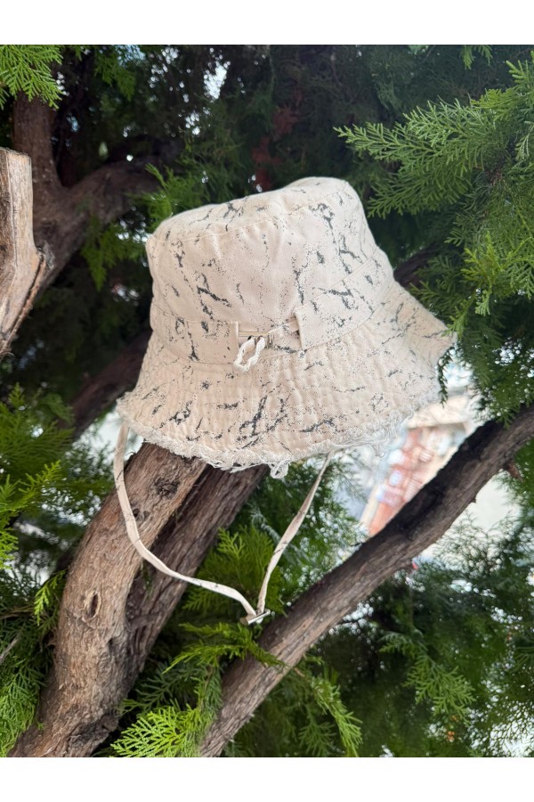 19046 Krem Yıpratmalı İpli Bucket Şapka