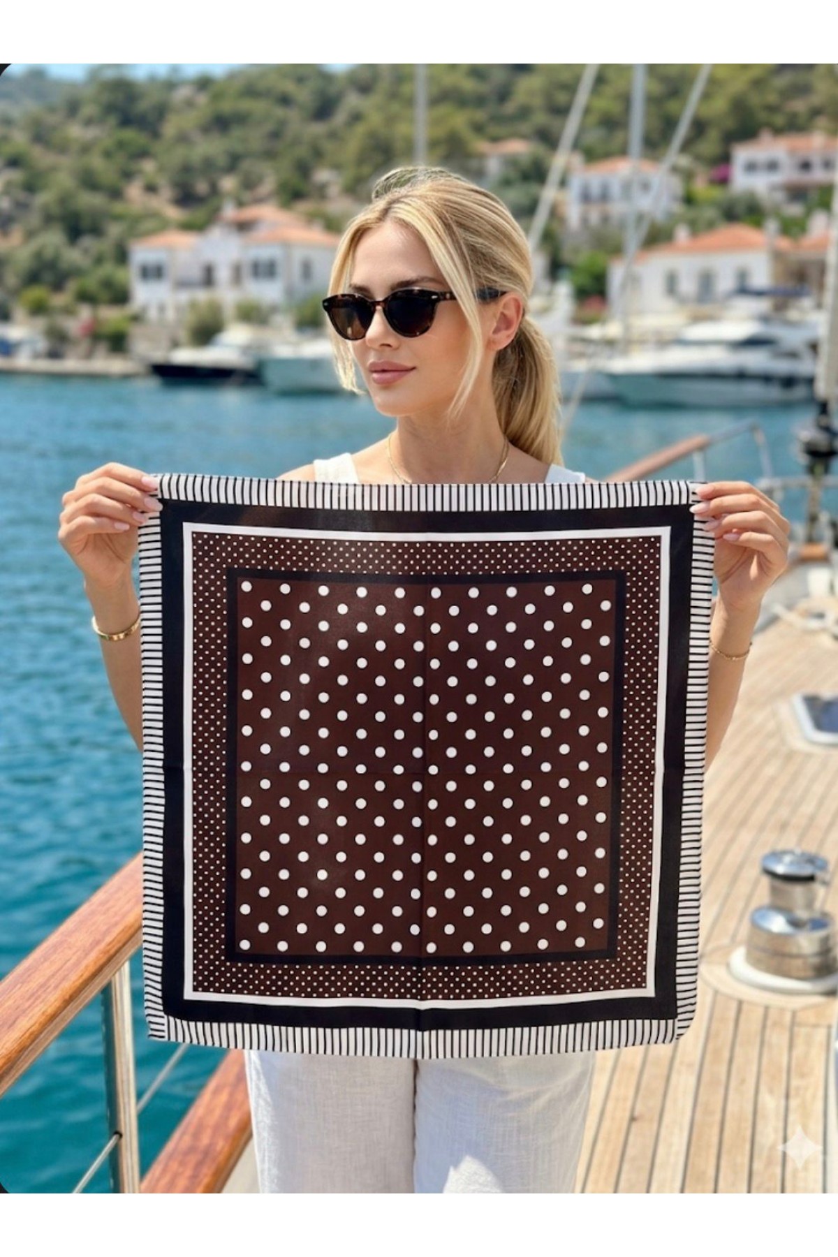 15408 Puantiyeli Kahverengi Bandana Fular 50x50 cm