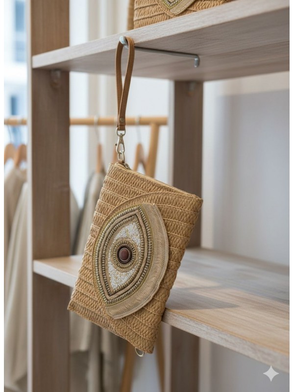 NWC-1078 Camel Göz Detaylı Hasır Çanta 27x37x19,5 cm