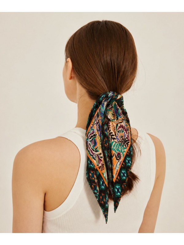 13943-1 Pliseli Etnik Desenli Safran Saten Bandana Fular 50x50 cm