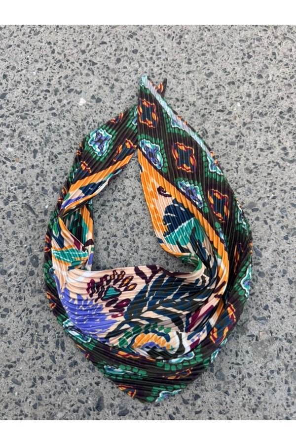 13943-1 Pliseli Etnik Desenli Safran Saten Bandana Fular 50x50 cm