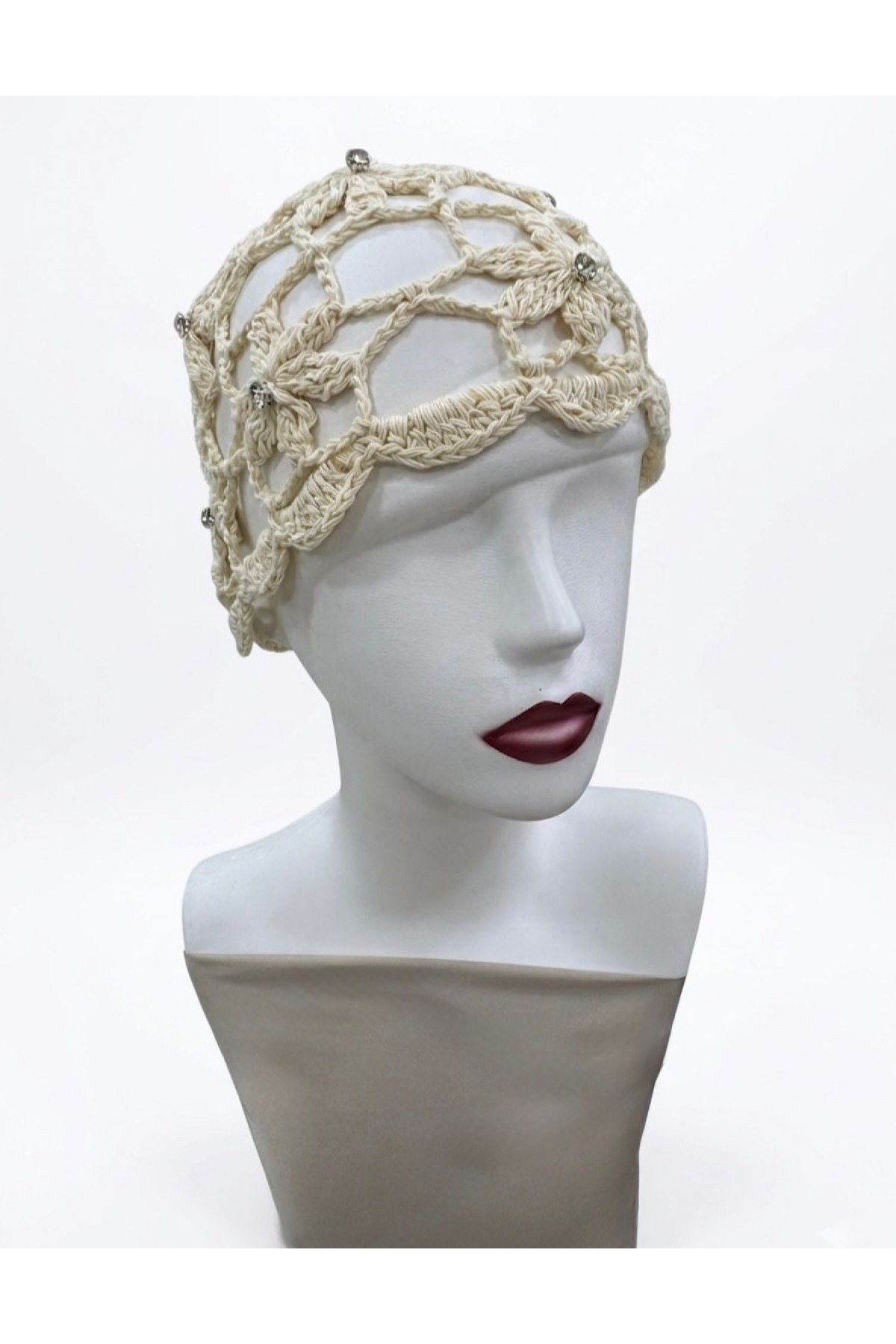 19089 Bej Taşlı File Bandana Şapka Bere 19x26 cm