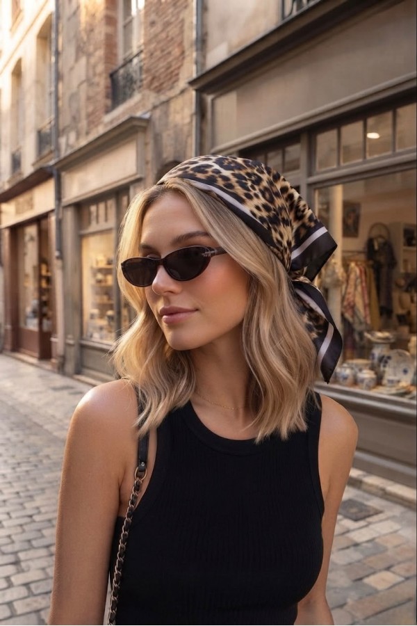 15414 Siyah Leopar Desenli Bandana Fular 50x50 cm