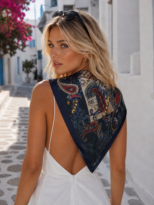 13458-7 Etro Desenli Lacivert Saten Bandana Fular 70x70 cm