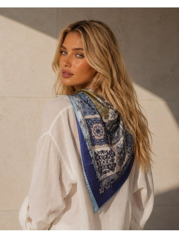15415 Etnik Desen Lacivert Bandana Fular 70x70 cm
