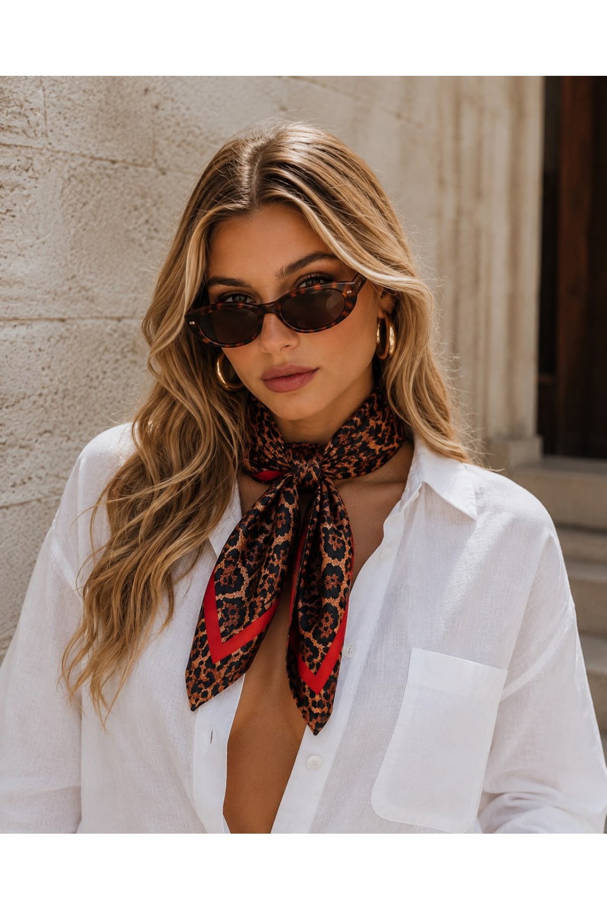 15418 Leopar Desenli Vizon Bandana Fular 70x70 cm