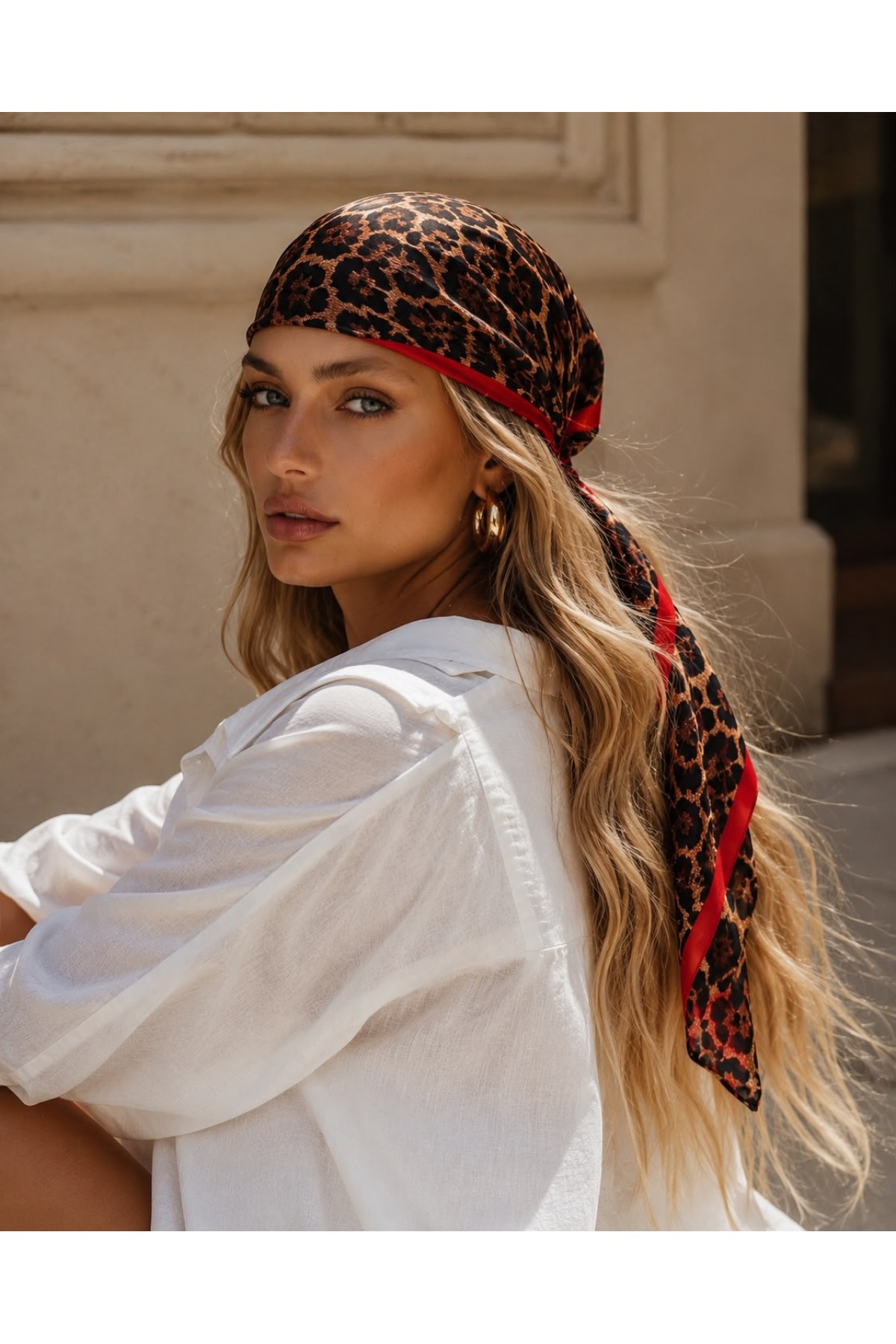15418 Leopar Desenli Vizon Bandana Fular 70x70 cm