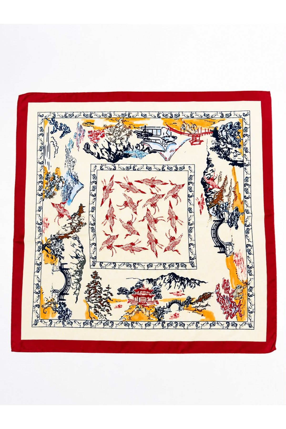 13465-7 Etnik Desenli Kırmızı Kenarlıklı Saten Bandana Fular 70x70 cm