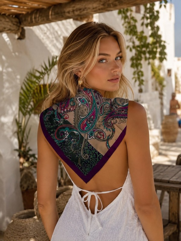 13458-7 Etro Desenli Mor Saten Bandana Fular 70x70 cm