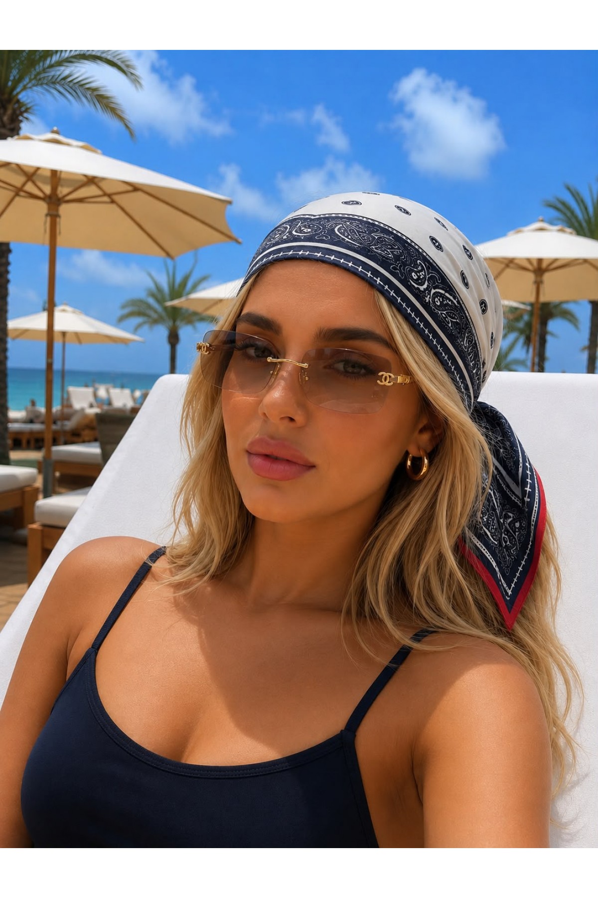 13749-7 Kırmızı Kenarlıklı Lacivert Saten Bandana Fular 70x70 cm