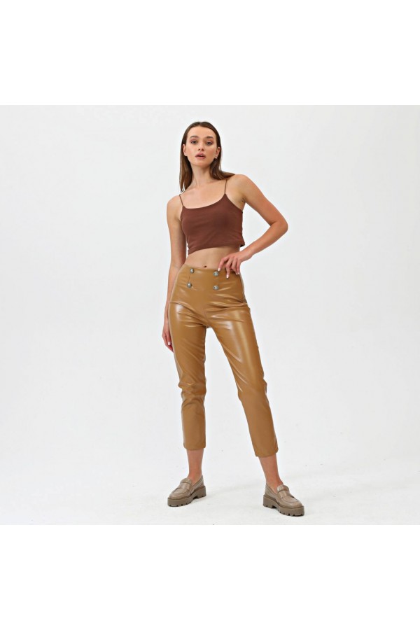 DÜĞMELİ YAN FERMUARLI DERİ PANTOLON