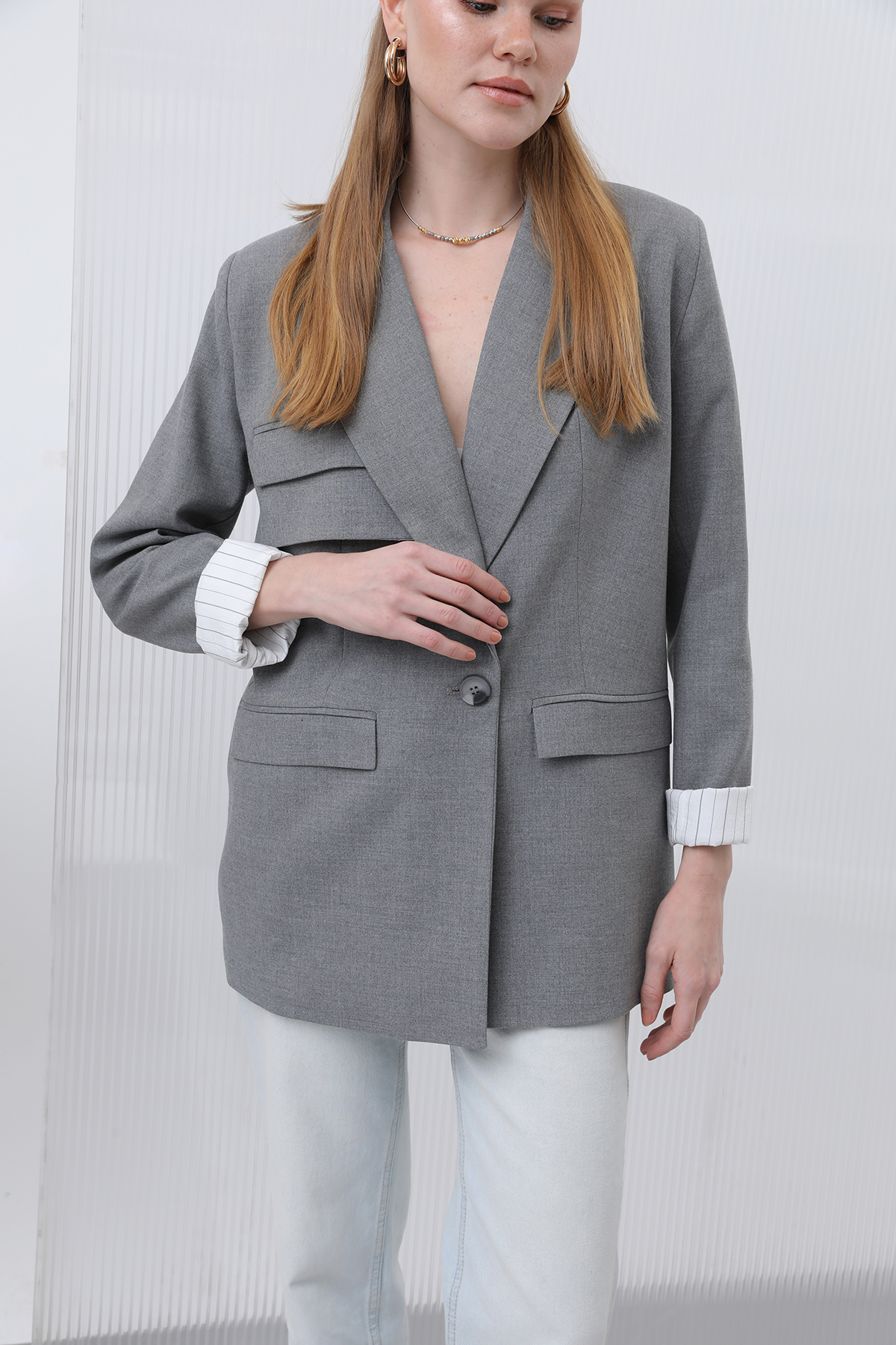 Women's Pocket Striped Blazer Jacket 