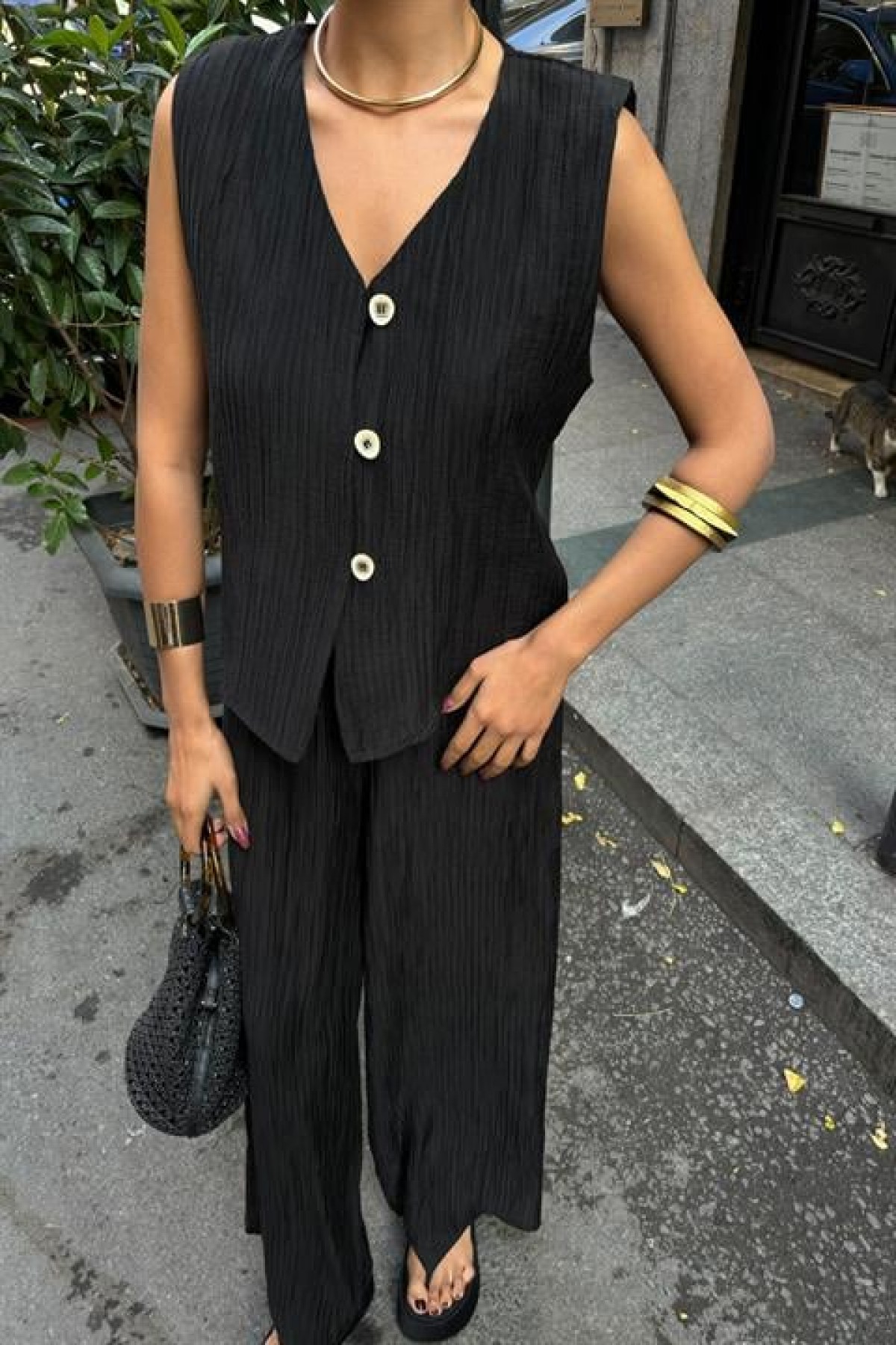 Vest Trousers Crinkle Fabric Set 10032