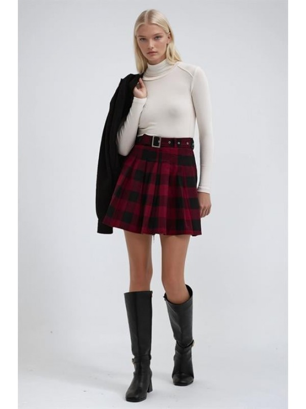 Kendinden Kemerli Pilelli Ekose Etek   4081