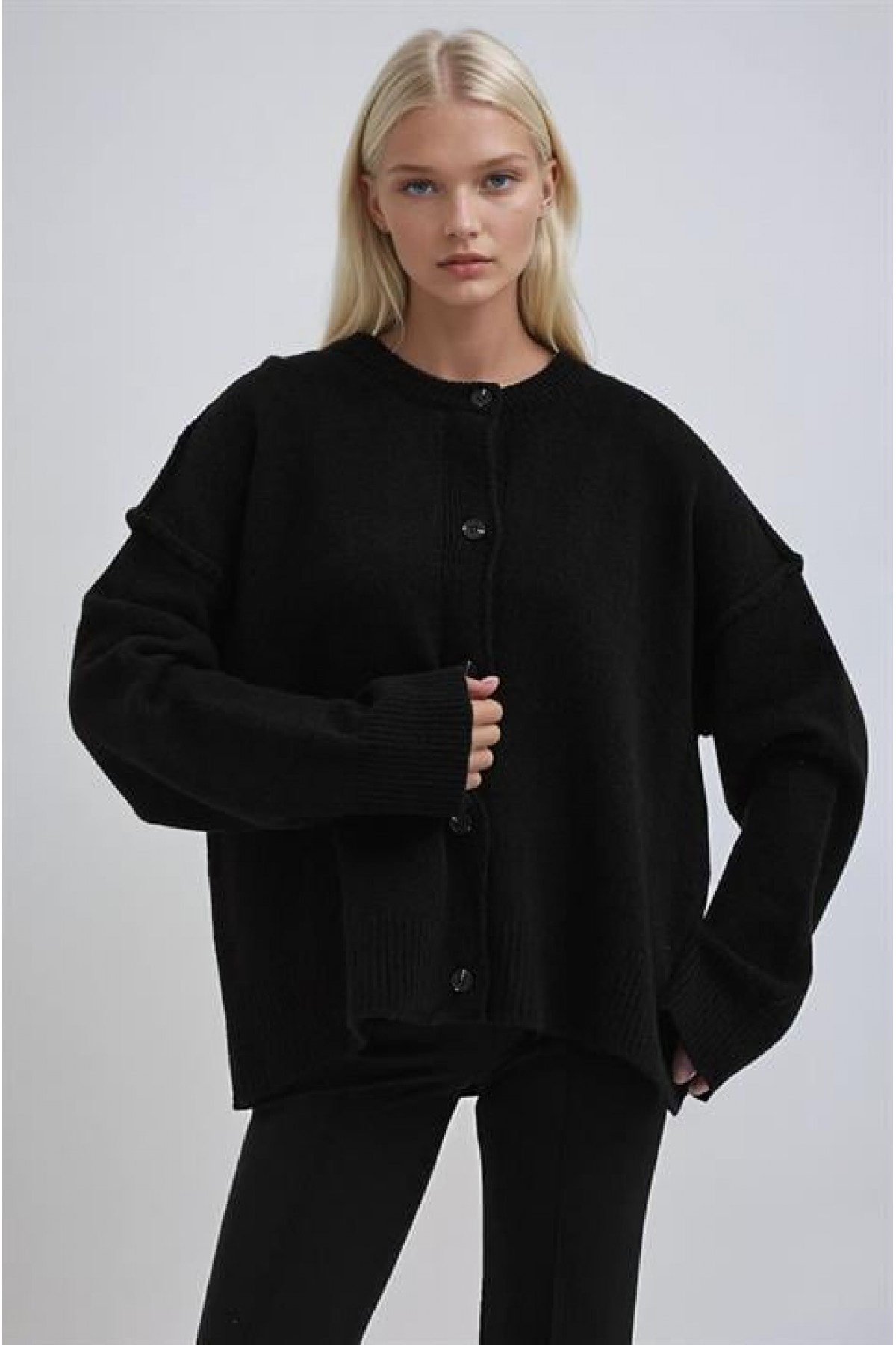 Dikiş Detaylı Basic Triko Hırka  5193