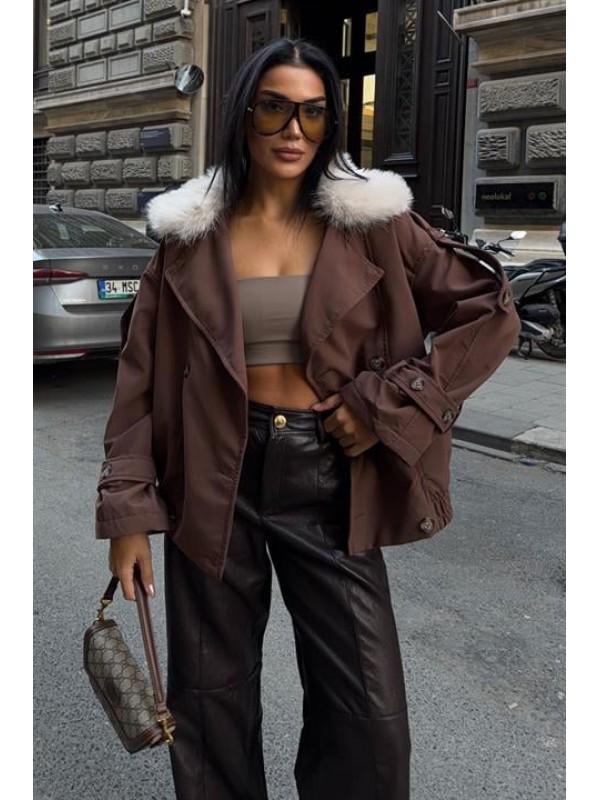 Yakası Kürklü Rahat Trençkot 7106