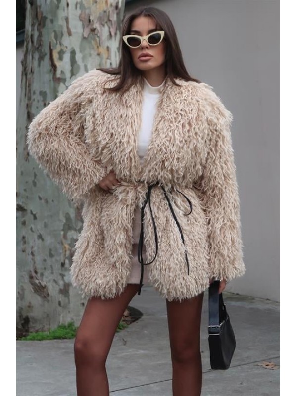 Uzun Tüylü Peluş Kürk Kaban Kuşaklı 7116