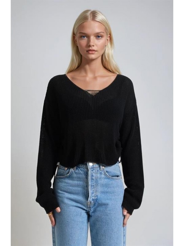 V Yaka Ajurlu Büzgülü Triko Kazak 1425