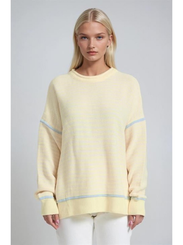 Bisiklet Yaka Oversize Çizgili Triko Kazak 1419