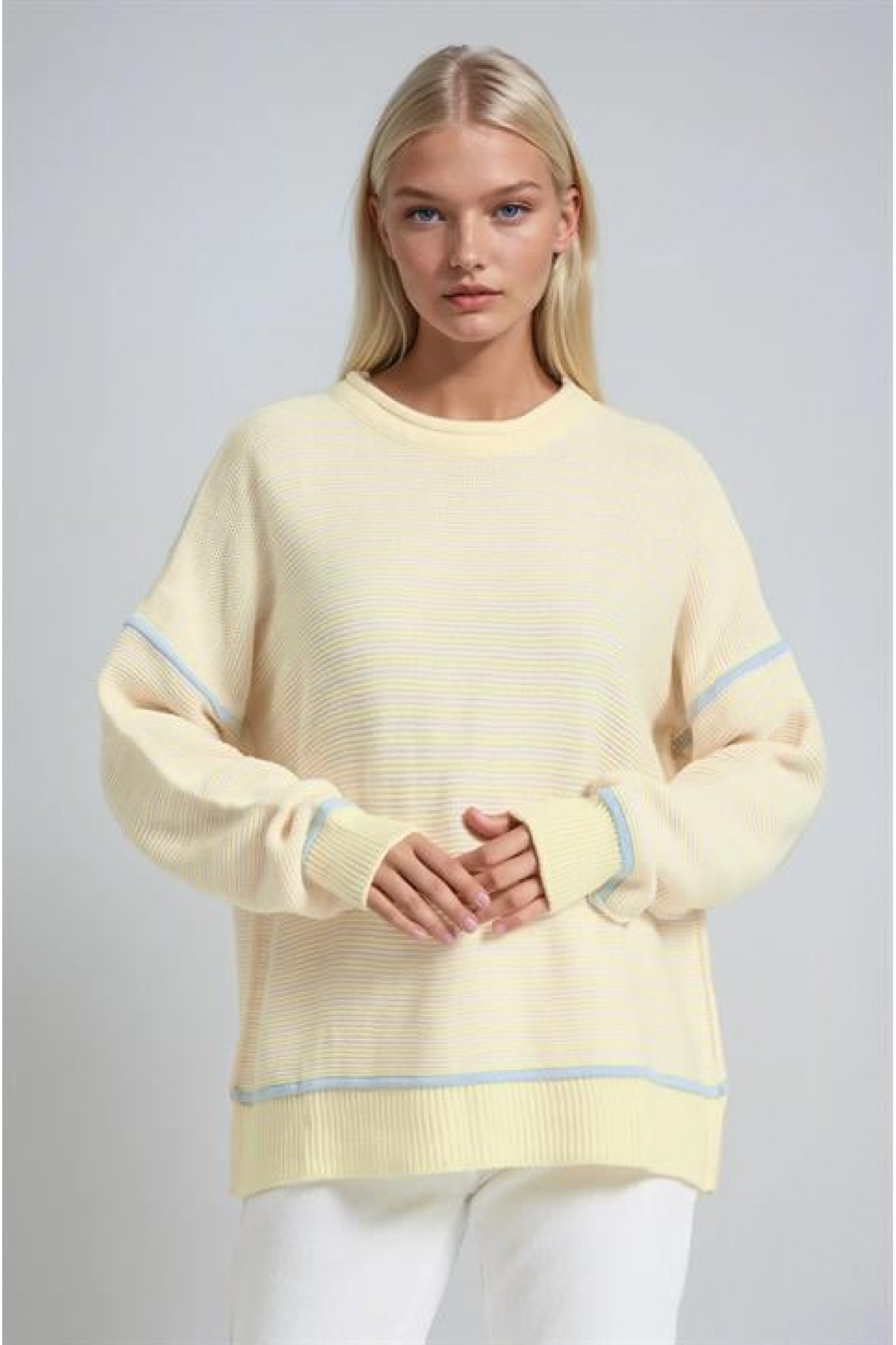 Bisiklet Yaka Oversize Çizgili Triko Kazak 1419