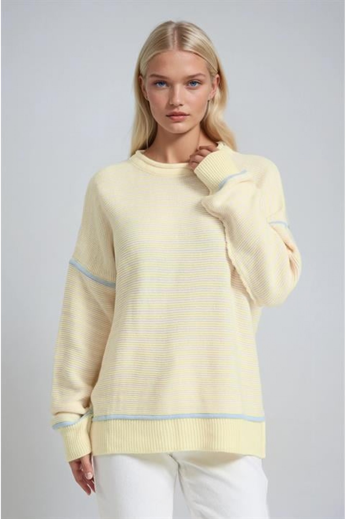 Bisiklet Yaka Oversize Çizgili Triko Kazak 1419