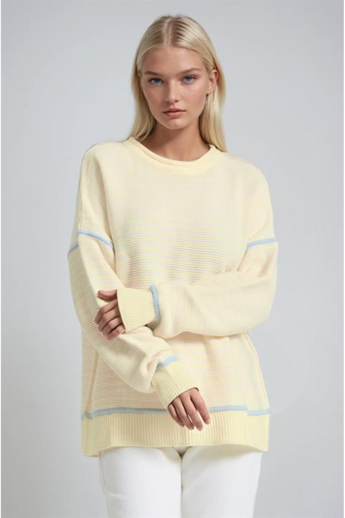 Bisiklet Yaka Oversize Çizgili Triko Kazak 1419