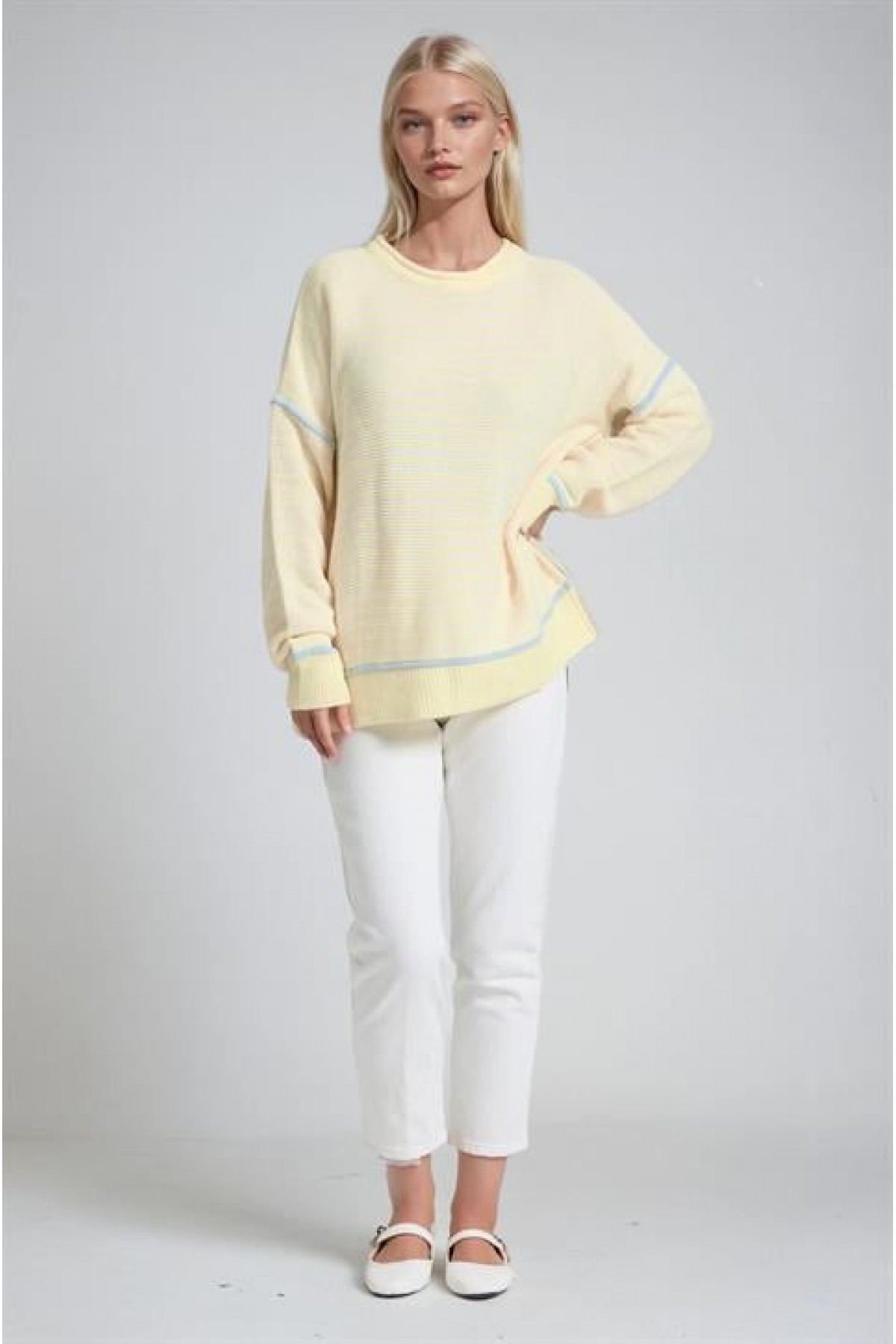 Bisiklet Yaka Oversize Çizgili Triko Kazak 1419