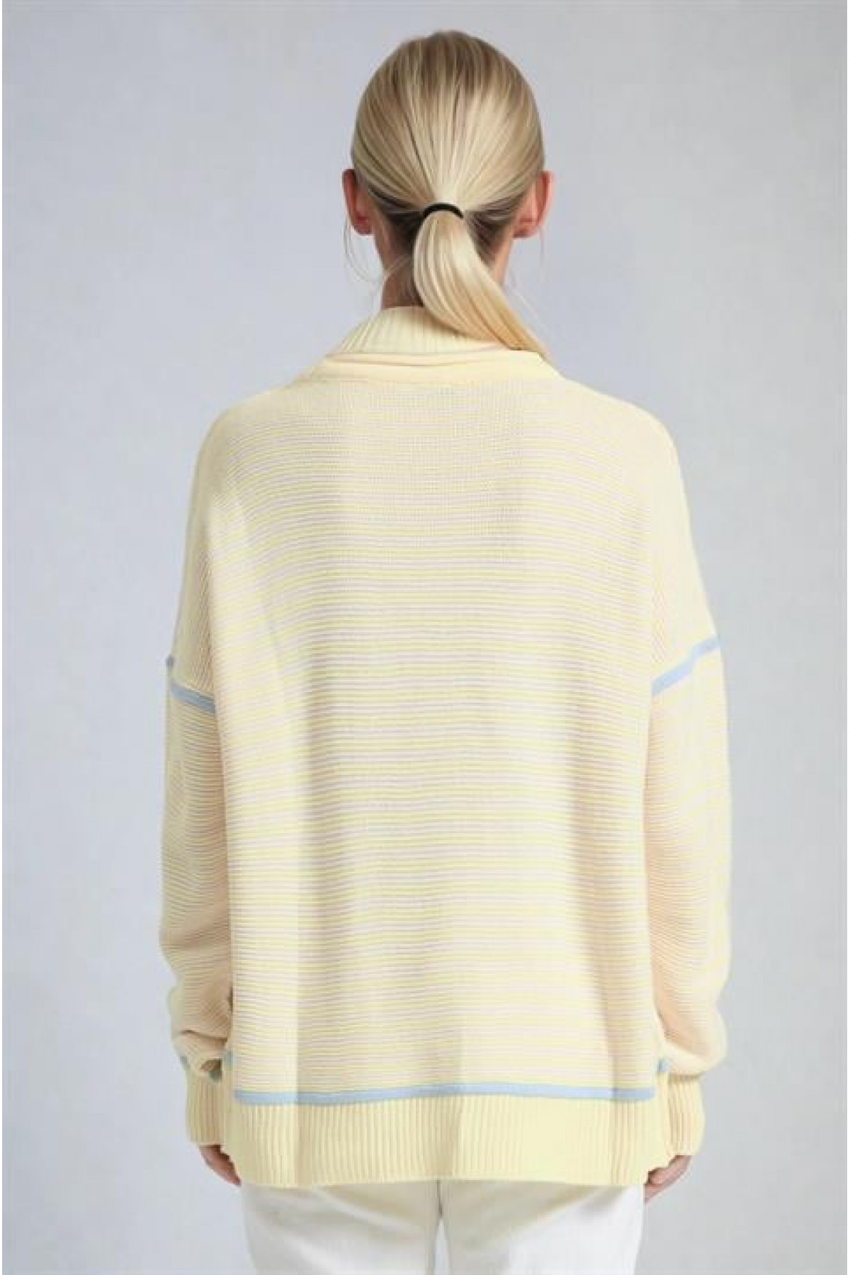 Bisiklet Yaka Oversize Çizgili Triko Kazak 1419