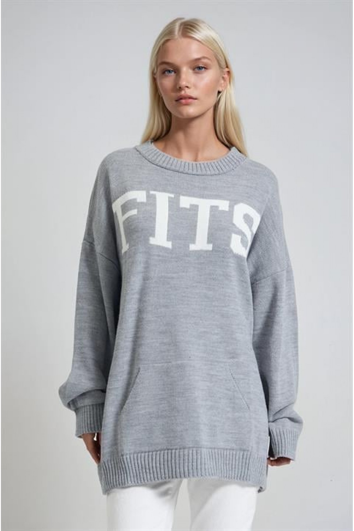 Oversize Rahat Kalıp Yazılı Triko Kazak 1418