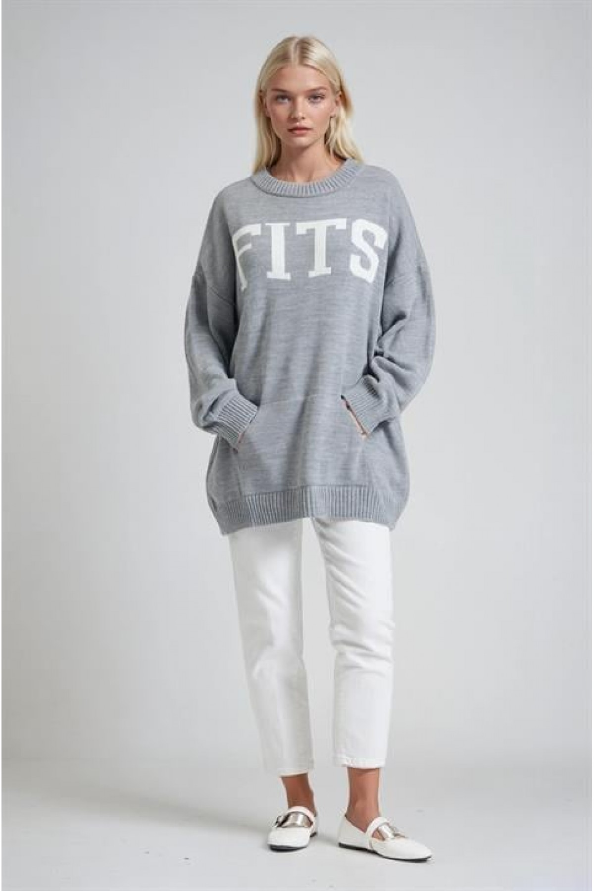 Oversize Rahat Kalıp Yazılı Triko Kazak 1418